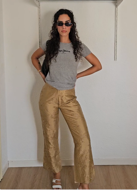 Pantalon seda dorado bordado floral lene sand
