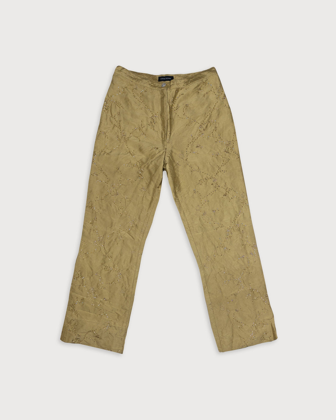 Pantalon seda dorado bordado floral lene sand